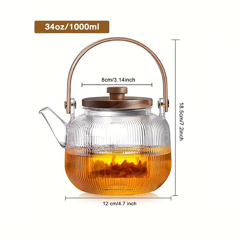 1000ml/34oz Thickened Glass Teapot Kettle with 2 Type Removable Infuser and Wooden Lid, Borosilicate Glass Teapot Stovetop, Large Capacity Heat-Resistant Tea Kettle Set, Tea Maker for Boiling Tea, Loose Leaf & Blooming Tea