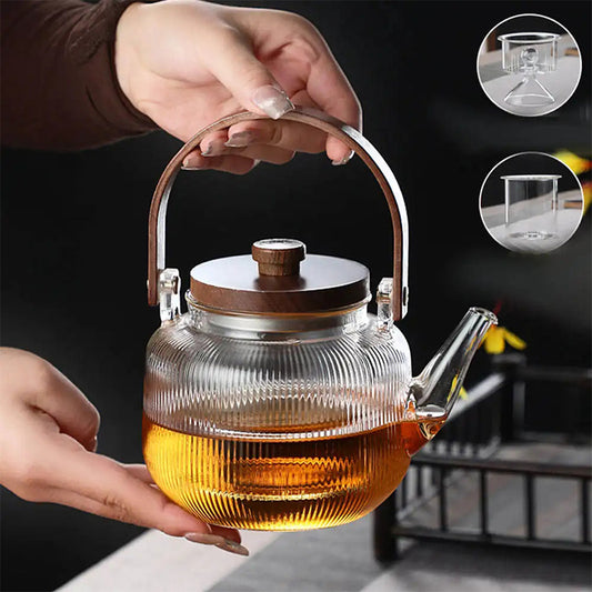 1000ml/34oz Thickened Glass Teapot Kettle with 2 Type Removable Infuser and Wooden Lid, Borosilicate Glass Teapot Stovetop, Large Capacity Heat-Resistant Tea Kettle Set, Tea Maker for Boiling Tea, Loose Leaf & Blooming Tea