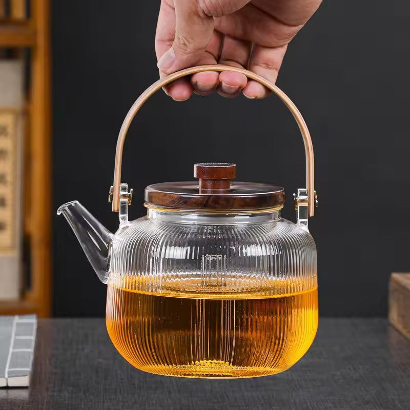 1000ml/34oz Thickened Glass Teapot Kettle with 2 Type Removable Infuser and Wooden Lid, Borosilicate Glass Teapot Stovetop, Large Capacity Heat-Resistant Tea Kettle Set, Tea Maker for Boiling Tea, Loose Leaf & Blooming Tea
