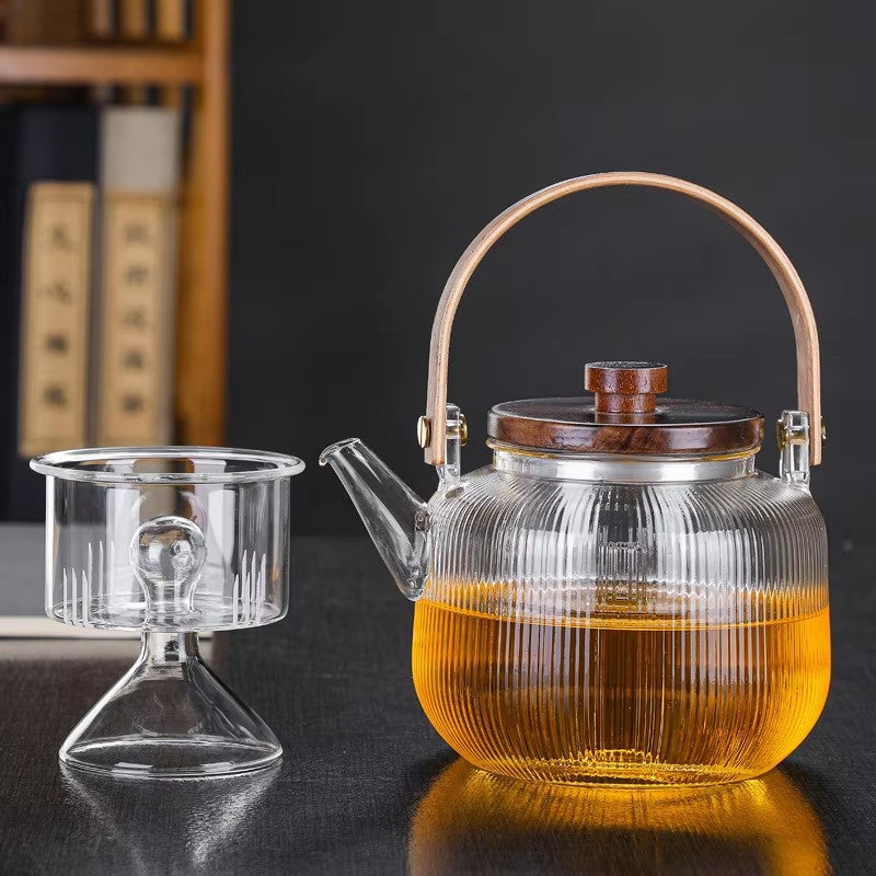 1000ml/34oz Thickened Glass Teapot Kettle with 2 Type Removable Infuser and Wooden Lid, Borosilicate Glass Teapot Stovetop, Large Capacity Heat-Resistant Tea Kettle Set, Tea Maker for Boiling Tea, Loose Leaf & Blooming Tea