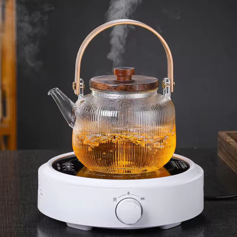 1000ml/34oz Thickened Glass Teapot Kettle with 2 Type Removable Infuser and Wooden Lid, Borosilicate Glass Teapot Stovetop, Large Capacity Heat-Resistant Tea Kettle Set, Tea Maker for Boiling Tea, Loose Leaf & Blooming Tea