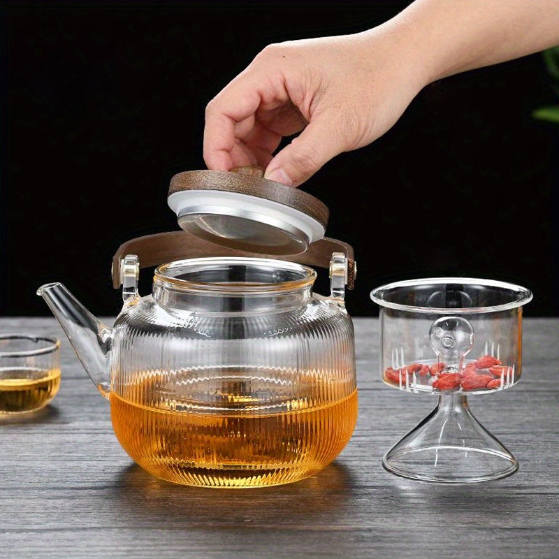 1000ml/34oz Thickened Glass Teapot Kettle with 2 Type Removable Infuser and Wooden Lid, Borosilicate Glass Teapot Stovetop, Large Capacity Heat-Resistant Tea Kettle Set, Tea Maker for Boiling Tea, Loose Leaf & Blooming Tea