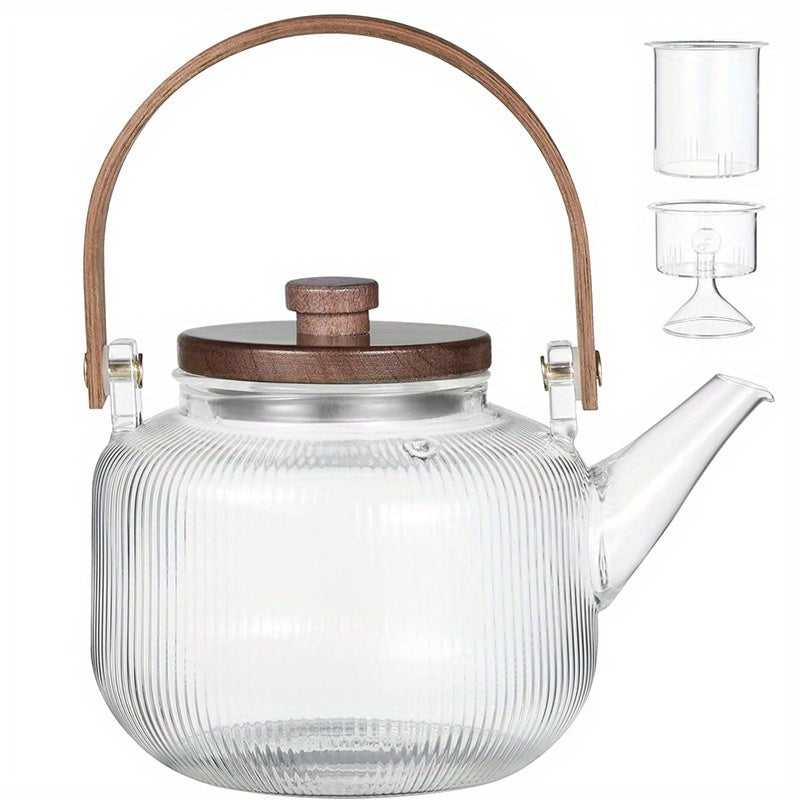 1000ml/34oz Thickened Glass Teapot Kettle with 2 Type Removable Infuser and Wooden Lid, Borosilicate Glass Teapot Stovetop, Large Capacity Heat-Resistant Tea Kettle Set, Tea Maker for Boiling Tea, Loose Leaf & Blooming Tea