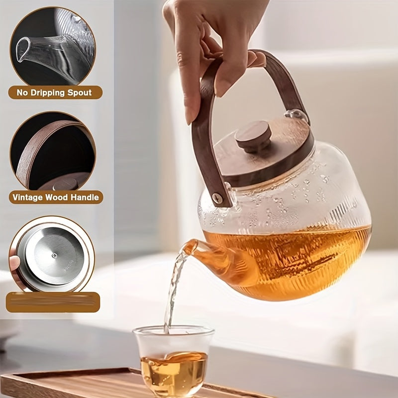 1000ml/34oz Thickened Glass Teapot Kettle with 2 Type Removable Infuser and Wooden Lid, Borosilicate Glass Teapot Stovetop, Large Capacity Heat-Resistant Tea Kettle Set, Tea Maker for Boiling Tea, Loose Leaf & Blooming Tea