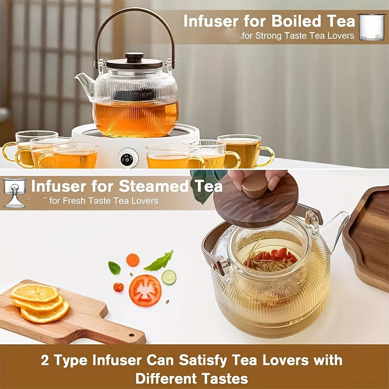 1000ml/34oz Thickened Glass Teapot Kettle with 2 Type Removable Infuser and Wooden Lid, Borosilicate Glass Teapot Stovetop, Large Capacity Heat-Resistant Tea Kettle Set, Tea Maker for Boiling Tea, Loose Leaf & Blooming Tea