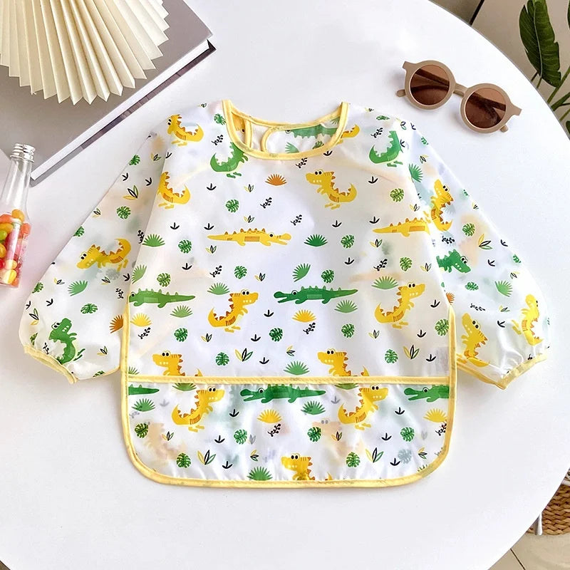 Baby's Soft Bib Kid Cute Cartoon Long Sleeves Adjustable Feeding Cloth For Boys Girls Painting Smock Toddlers Meal Eating Apron