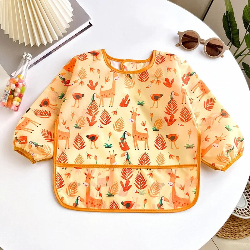 Baby's Soft Bib Kid Cute Cartoon Long Sleeves Adjustable Feeding Cloth For Boys Girls Painting Smock Toddlers Meal Eating Apron