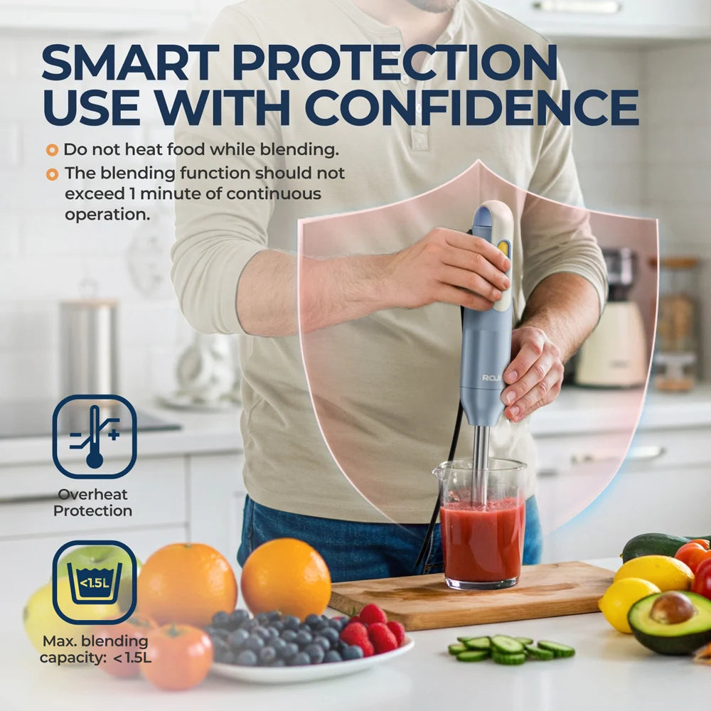 Hand Held Stick Blender, Immersion Hand Blender with Stainless Steel Blades for Kitchen Food Mixing, Light Blue, Classic Basic