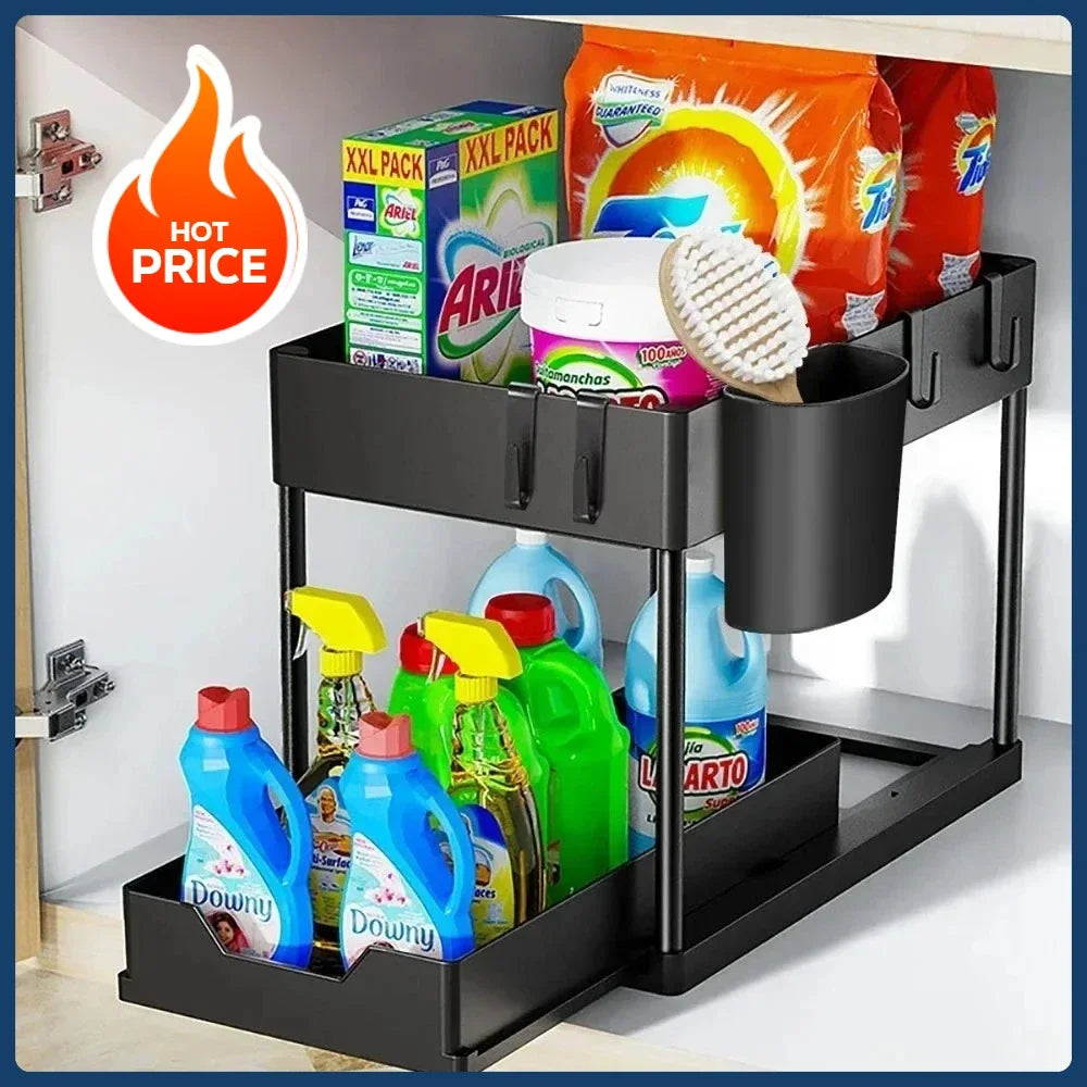 New 2 Tier Under Sink Organizer Sliding Cabinet Basket Organizer Storage Rack with Hooks Hanging Cup Bathroom Kitchen Organizer