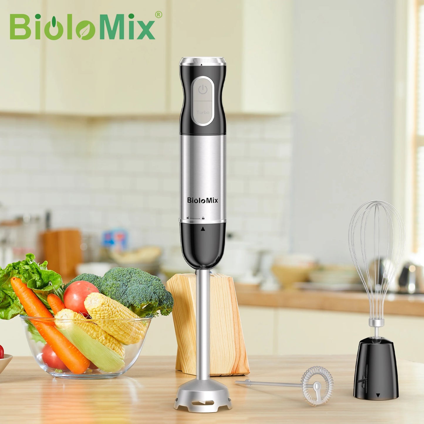 BioloMix 3-in-1 Immersion Hand Blender 1000W with 304 Stainless Steel Blade for Smoothies Puree Baby Food Food Processor