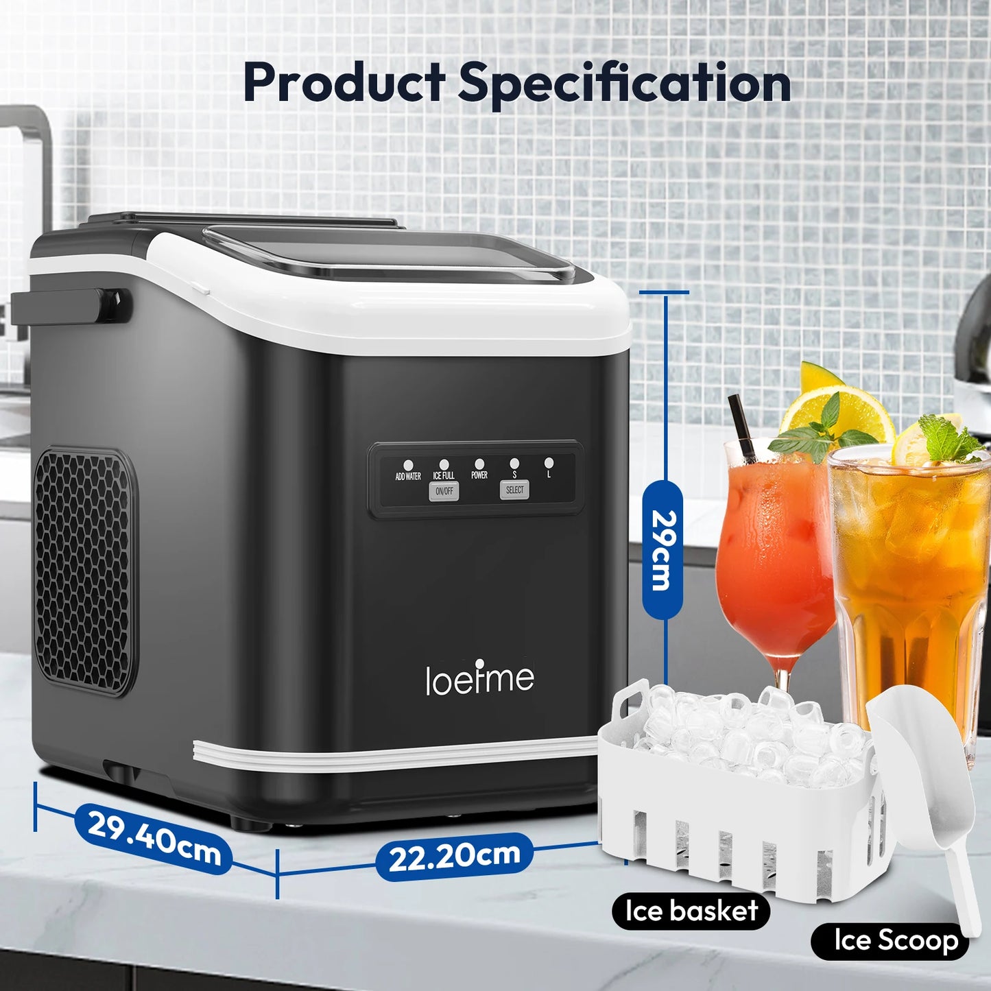 Loefme Electric Ice Maker Professional Ice Cube Maker Portable Automatic Cleaning Bullet Round Ice Block Making Machine Home Bar