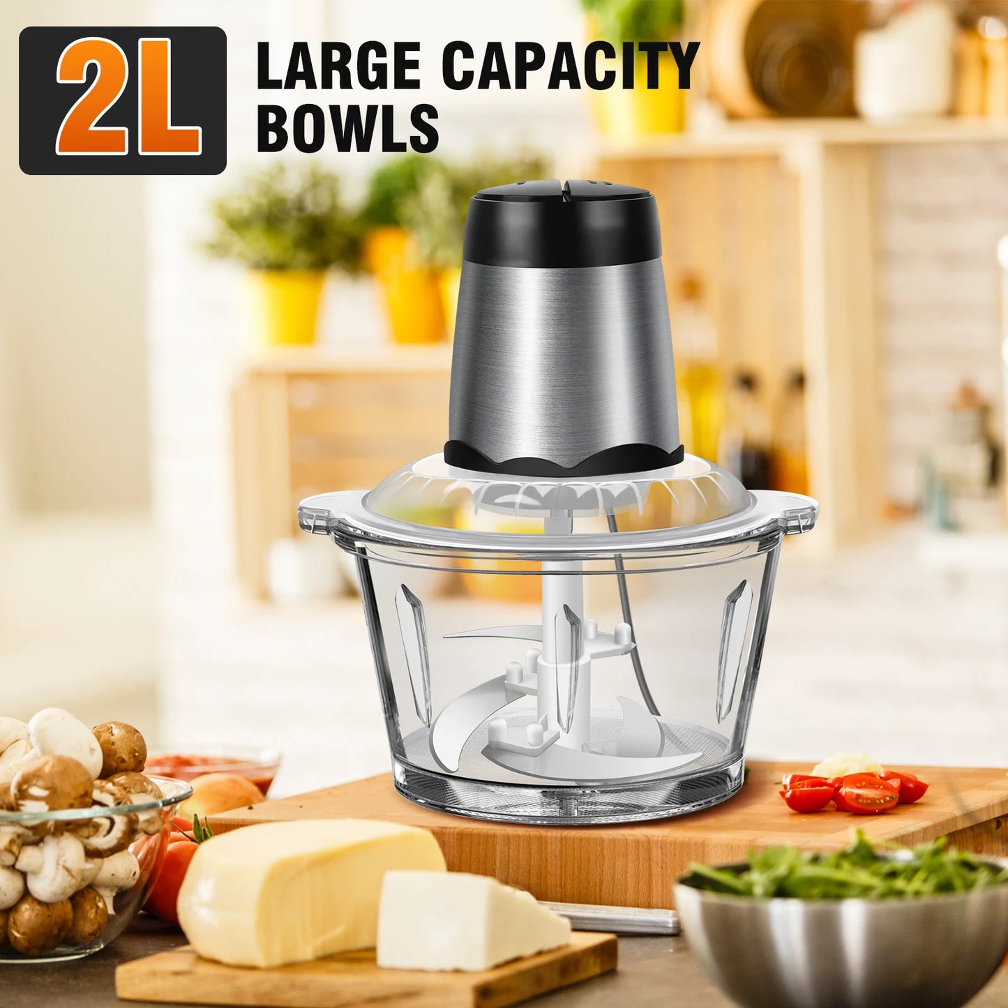 BRIEFNESS 2L Electric Meat Grinder & Vegetable Chopper, 300W Food Processor, 2 Speeds for Nuts/Onions, Kitchen Blender & Slicer