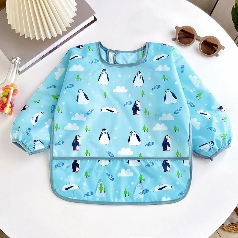 Baby's Soft Bib Kid Cute Cartoon Long Sleeves Adjustable Feeding Cloth For Boys Girls Painting Smock Toddlers Meal Eating Apron