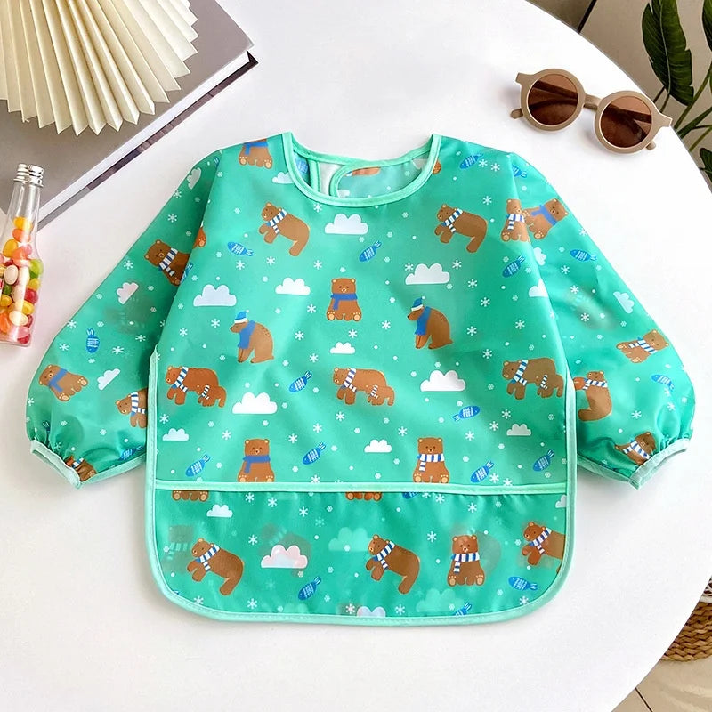 Baby's Soft Bib Kid Cute Cartoon Long Sleeves Adjustable Feeding Cloth For Boys Girls Painting Smock Toddlers Meal Eating Apron