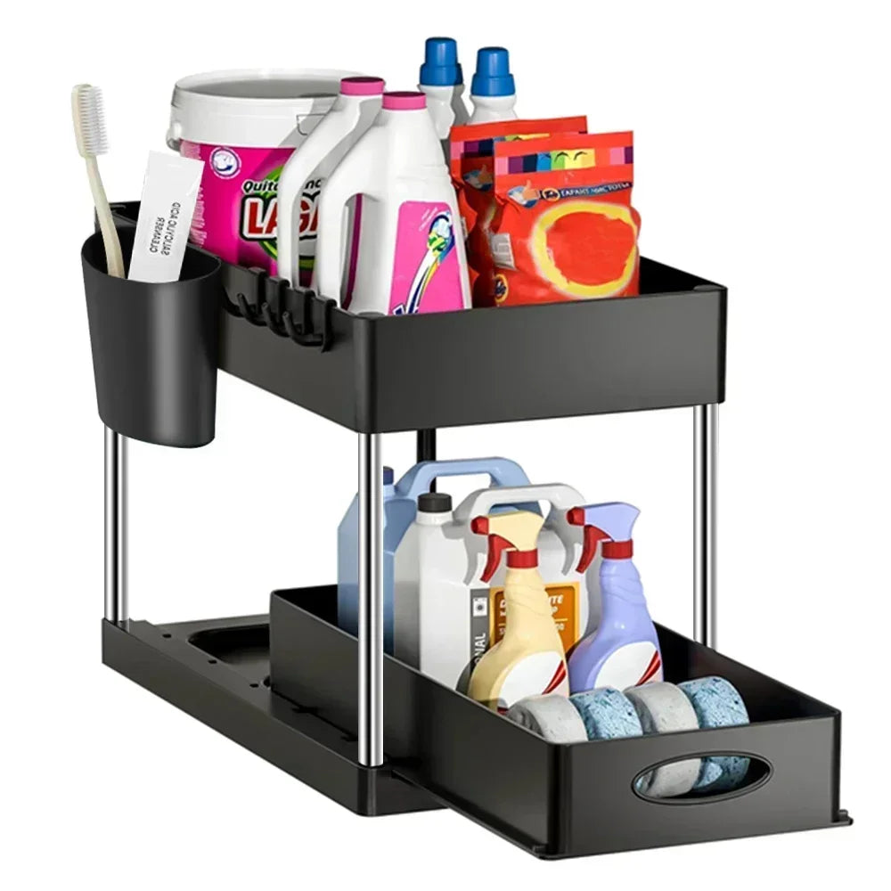 New 2 Tier Under Sink Organizer Sliding Cabinet Basket Organizer Storage Rack with Hooks Hanging Cup Bathroom Kitchen Organizer