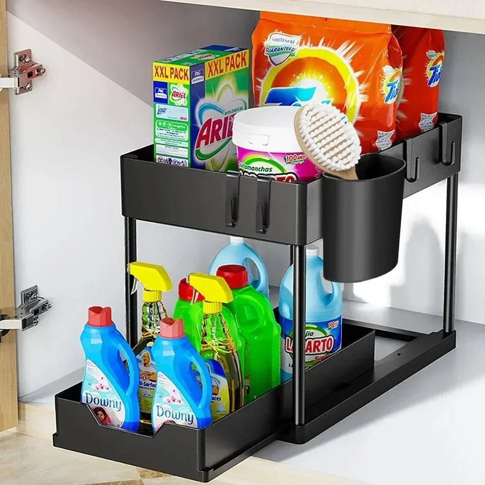New 2 Tier Under Sink Organizer Sliding Cabinet Basket Organizer Storage Rack with Hooks Hanging Cup Bathroom Kitchen Organizer