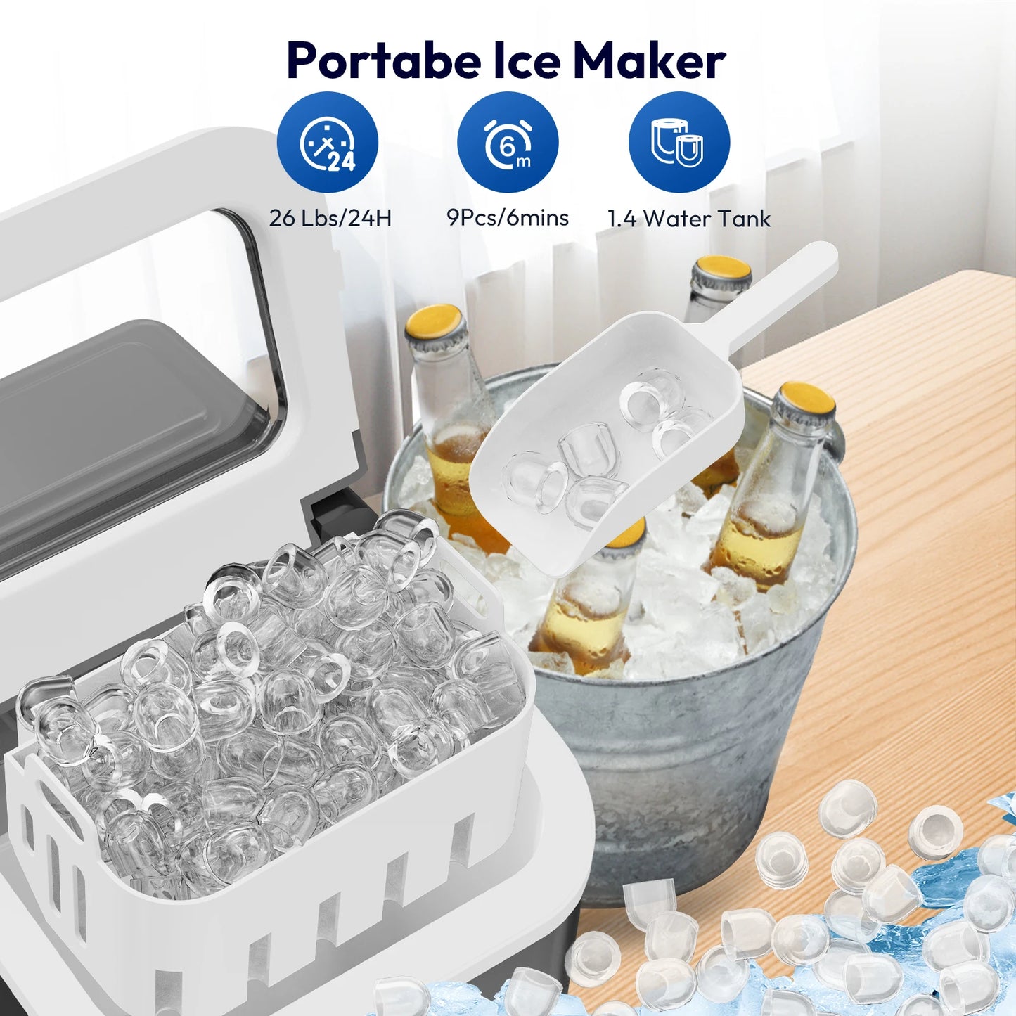 Loefme Electric Ice Maker Professional Ice Cube Maker Portable Automatic Cleaning Bullet Round Ice Block Making Machine Home Bar