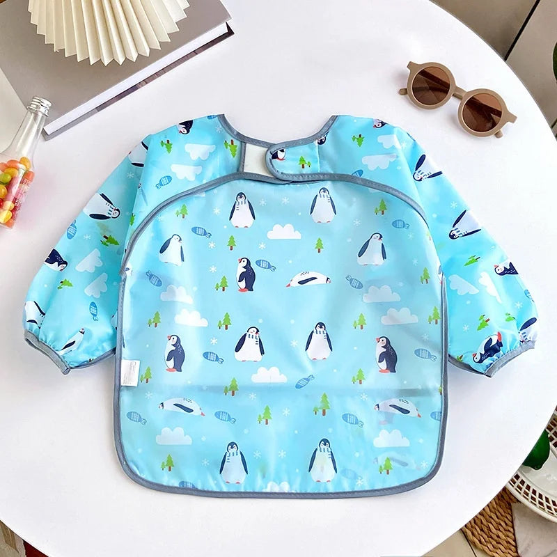 Baby's Soft Bib Kid Cute Cartoon Long Sleeves Adjustable Feeding Cloth For Boys Girls Painting Smock Toddlers Meal Eating Apron