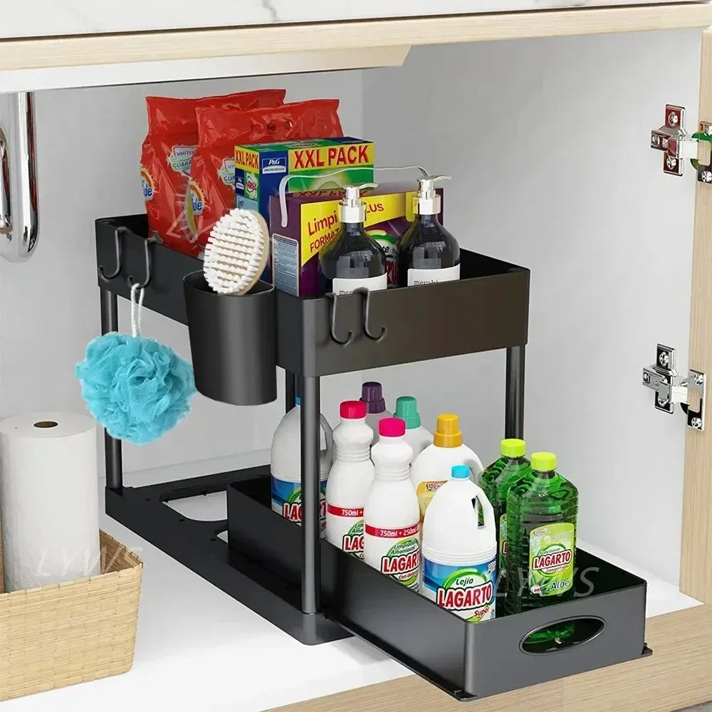 New 2 Tier Under Sink Organizer Sliding Cabinet Basket Organizer Storage Rack with Hooks Hanging Cup Bathroom Kitchen Organizer