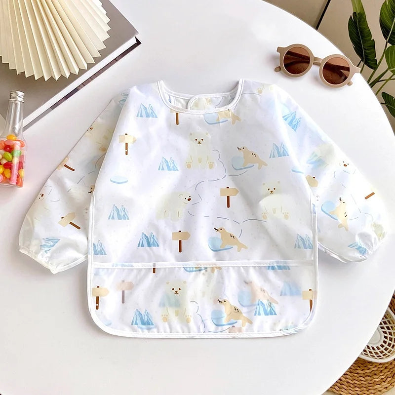 Baby's Soft Bib Kid Cute Cartoon Long Sleeves Adjustable Feeding Cloth For Boys Girls Painting Smock Toddlers Meal Eating Apron