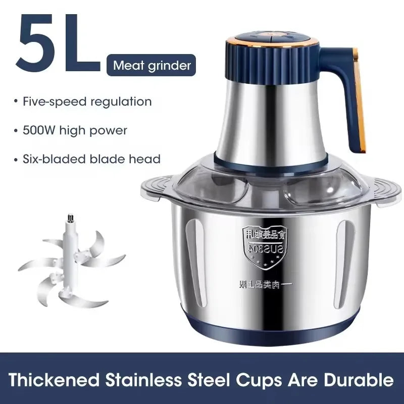 5L Stainless Steel Electric Meat Grinder - Multifunctional Food Processor with Vegetable Slicer, Chopper, and Kitchen Blender