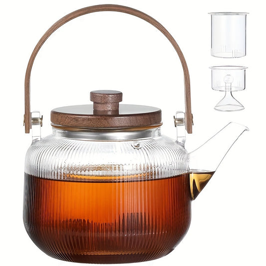 1000ml/34oz Thickened Glass Teapot Kettle with 2 Type Removable Infuser and Wooden Lid, Borosilicate Glass Teapot Stovetop, Large Capacity Heat-Resistant Tea Kettle Set, Tea Maker for Boiling Tea, Loose Leaf & Blooming Tea