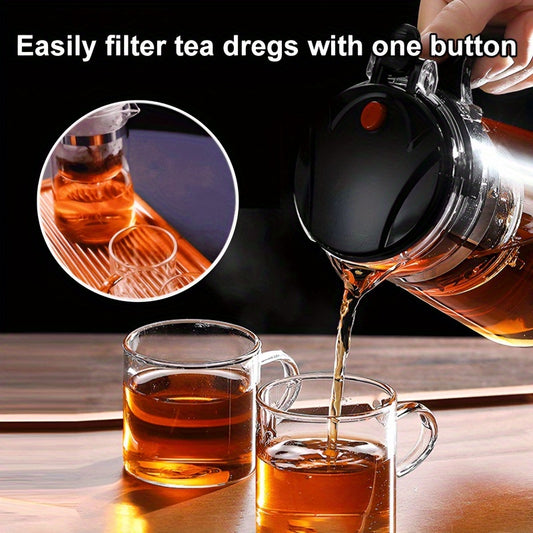 1pc High Borosilicate Glass Teapot with Infuser - Heat-Resistant (500°F), Detachable & Washable, One-Touch Click Tea Maker for Loose Leaf Brewing, Clear Glass Tea Pot with 2 Cups, Durable Borosilicate Glass, Kitchen Glasswar